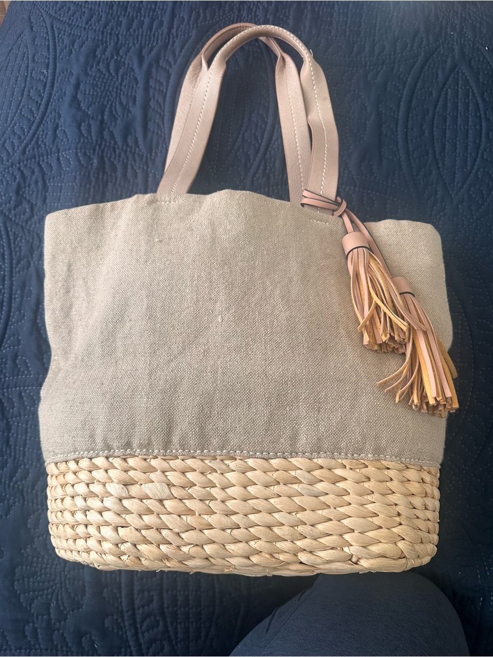 Margot purse Neutral Two-Tone Straw Tote with Tassel Detail